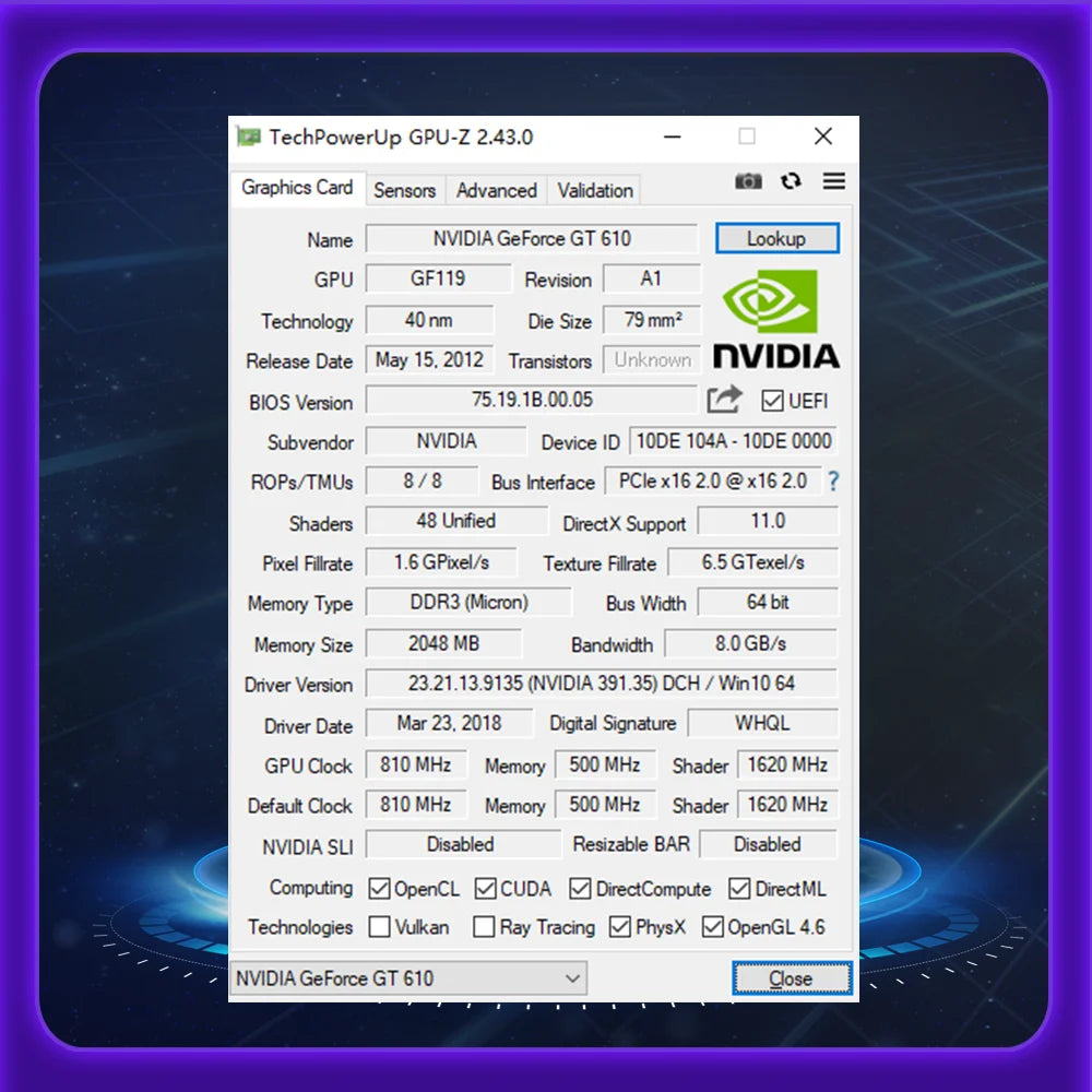 Kinology NVIDIA GT 610 2GB New Graphics Card DDR3 GPU Video Card 64Bit with HDMI VGA DVI for Computer Gaming GT610