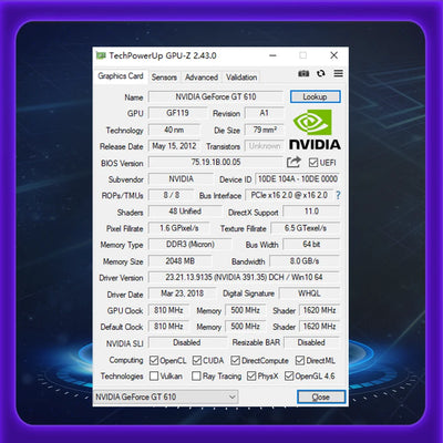Kinology NVIDIA GT 610 2GB New Graphics Card DDR3 GPU Video Card 64Bit with HDMI VGA DVI for Computer Gaming GT610