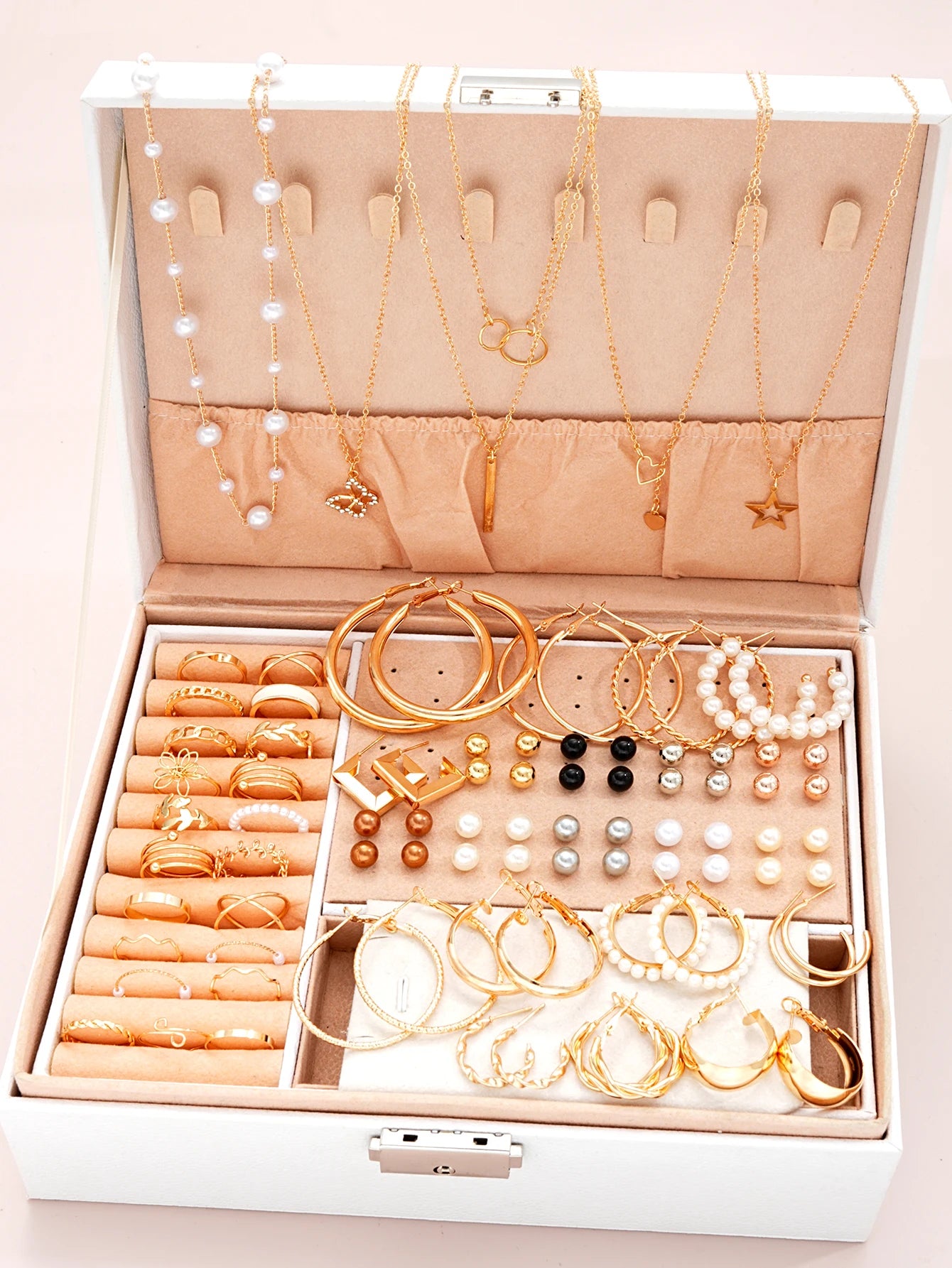 86pcs/Set Elegant Earrings Multi-Layered Necklace Ear Studs Rings 4-In-1 Faux Pearl Jewelry Set For Women Gift (No Box) New