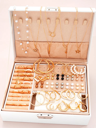 86pcs/Set Elegant Earrings Multi-Layered Necklace Ear Studs Rings 4-In-1 Faux Pearl Jewelry Set For Women Gift (No Box) New