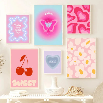 Abstract Pink Purple Danish Pastel Love Heart Cherry Butterfly Poster Nordic Bedroom Wall Aesthetic Art Print Picture Room Decor