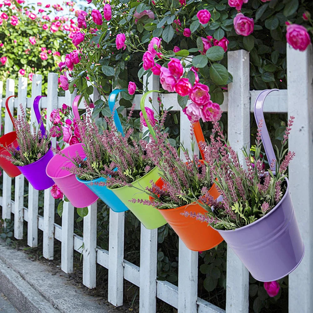 10 Piece Metal Iron Hanging Flower Pots,Balcony Planter with Detachable Hook, Durable Herb Pots Perfect for Fence,4 inches Multi