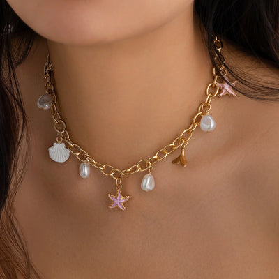Charm Necklace for Women Shell Cross Necklaces Gold Charms Pendant Boho Summer Seashell Ocean Beach 14K Starfish Surfer