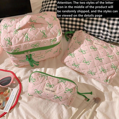 Green Pink Contrasting Bow Makeup Bag Large Capacity Portable Travel Toiletry Bag Storage Bag