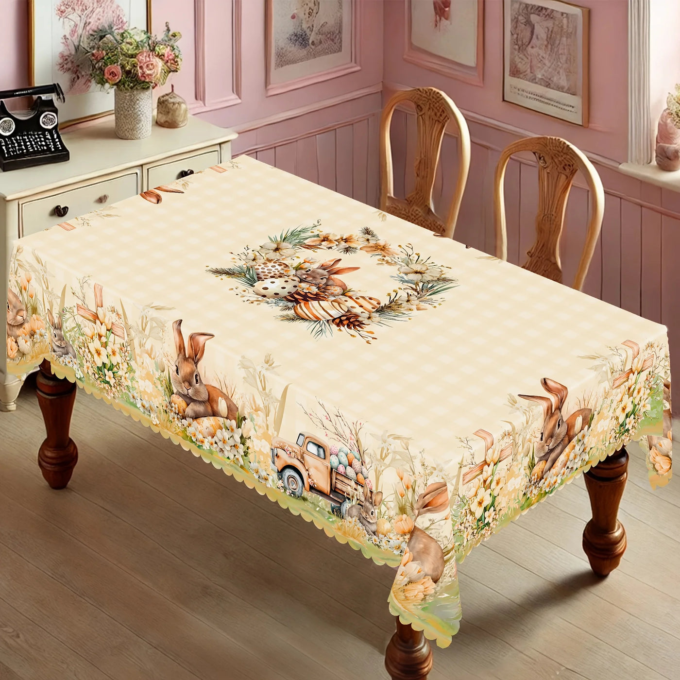 Happy Easter-Themed Waterproof Tablecloth Easter Decorations Spring Bunny Eggs Flowers Farm Truck Table Cloth Dining Table Decor