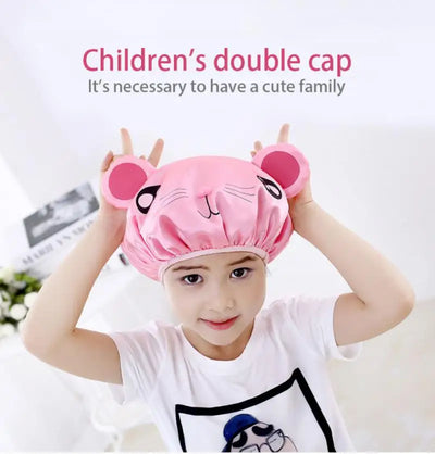 Children's Cartoon Shower Cap Double-layer Waterproof Material Cute Frog Print Satin Washing Cap Bath Cap Head Cover Shower Cap