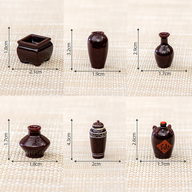 6Pcs 1:12 Dollhouse Miniature Wine Altar Tea Jar Clay Pot Flowerpot Vase Home Model Decor Toy Doll House Accessories