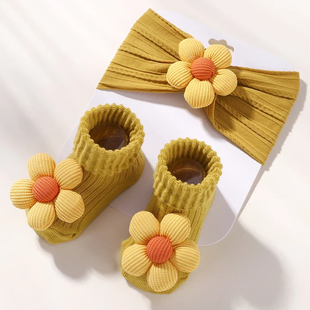 2Pcs Flower Baby Headband Socks Set Soft Nylon Hairband for Newborn Girl Elastic Floral Turban Short Sock Infant Headwear