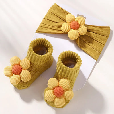 2Pcs Flower Baby Headband Socks Set Soft Nylon Hairband for Newborn Girl Elastic Floral Turban Short Sock Infant Headwear