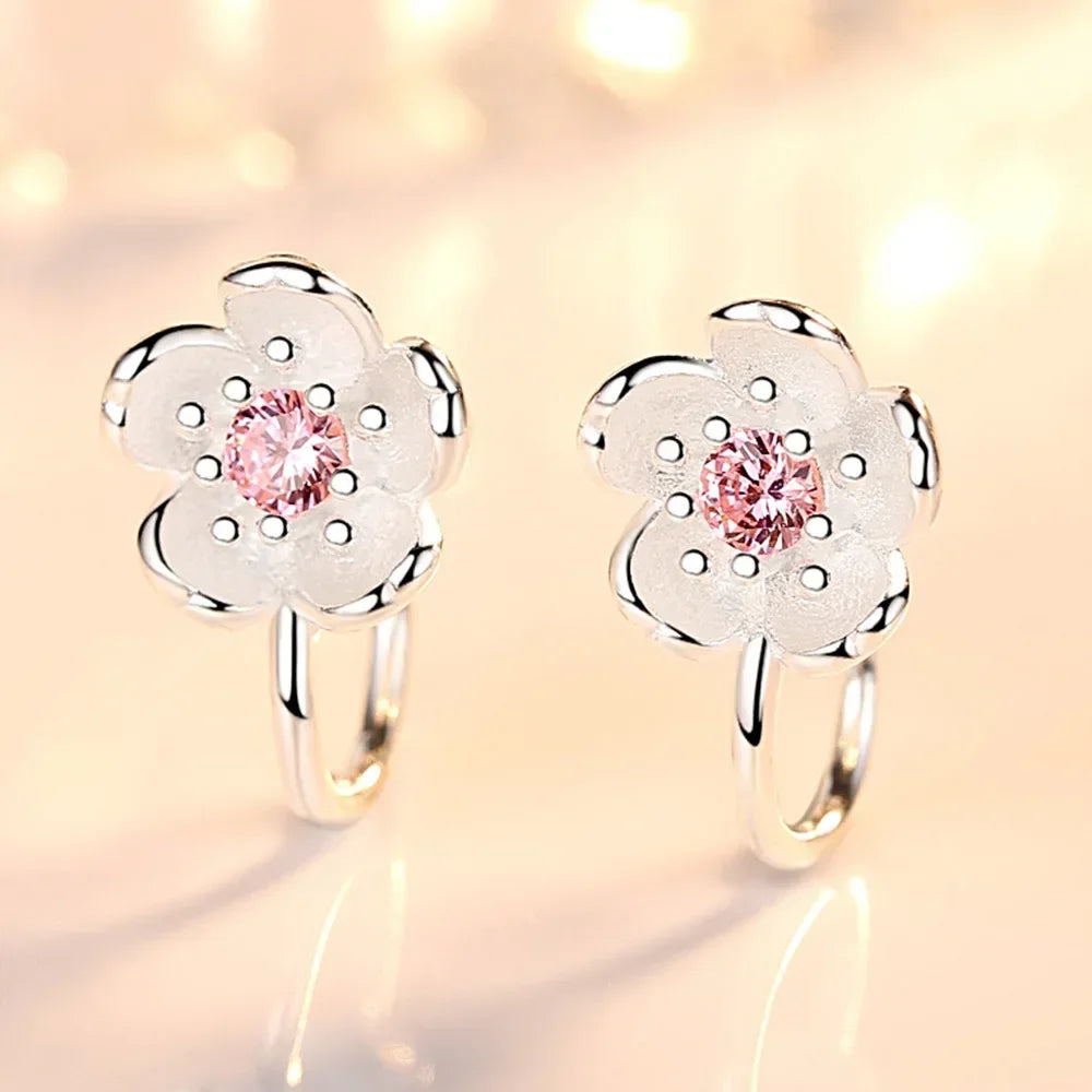 Korea Style Crystal Cherry Blossom Flower Clip on Earrings Without Piercing for Girls Party Sweet 925 Silver No Hole Ear Clip
