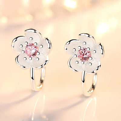 Korea Style Crystal Cherry Blossom Flower Clip on Earrings Without Piercing for Girls Party Sweet 925 Silver No Hole Ear Clip