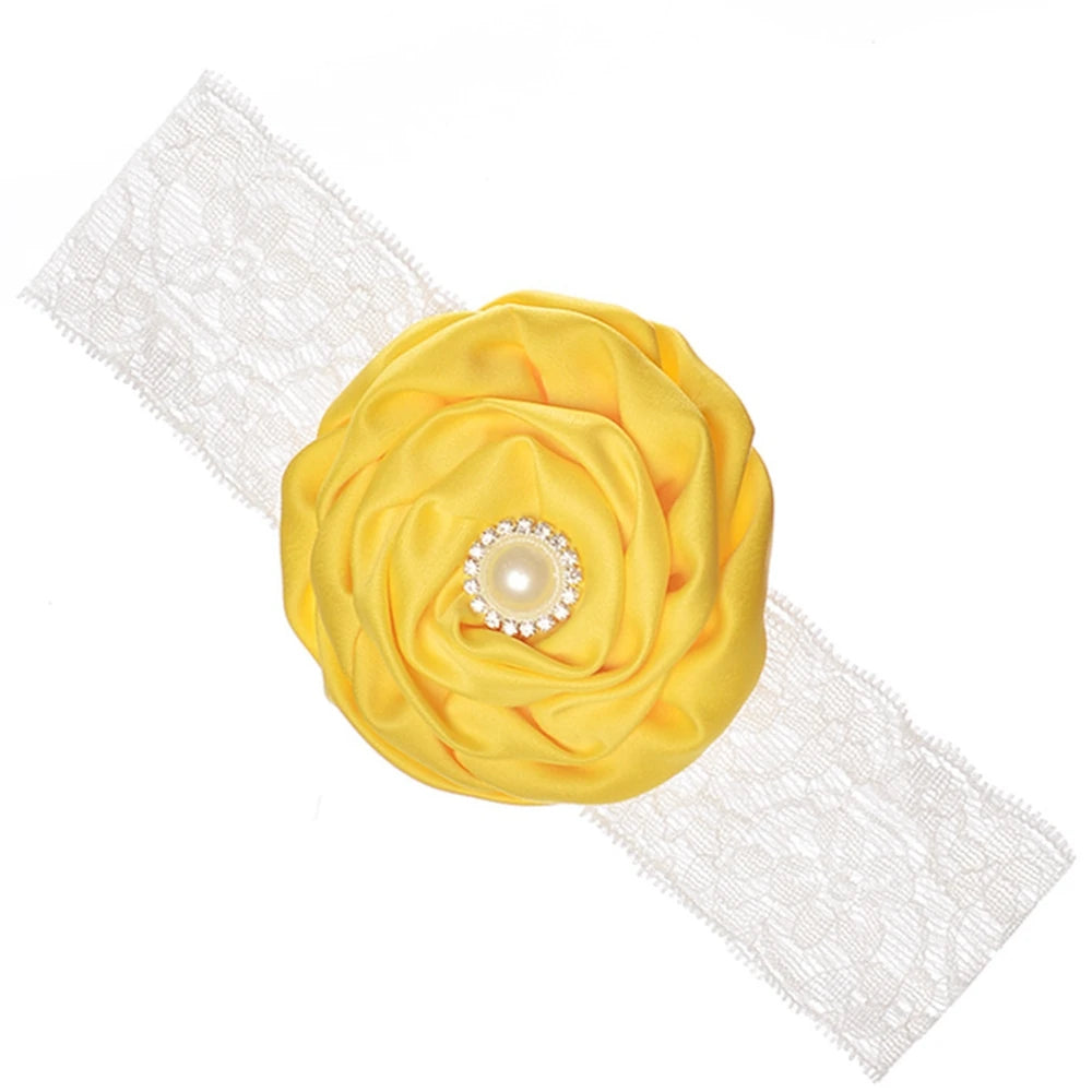 1PCS Baby Girls Rose Flower Headband with Pearl Rhinestone Center Soft Lace Bands Newborn Infant Toddler Kids Hair Accessories