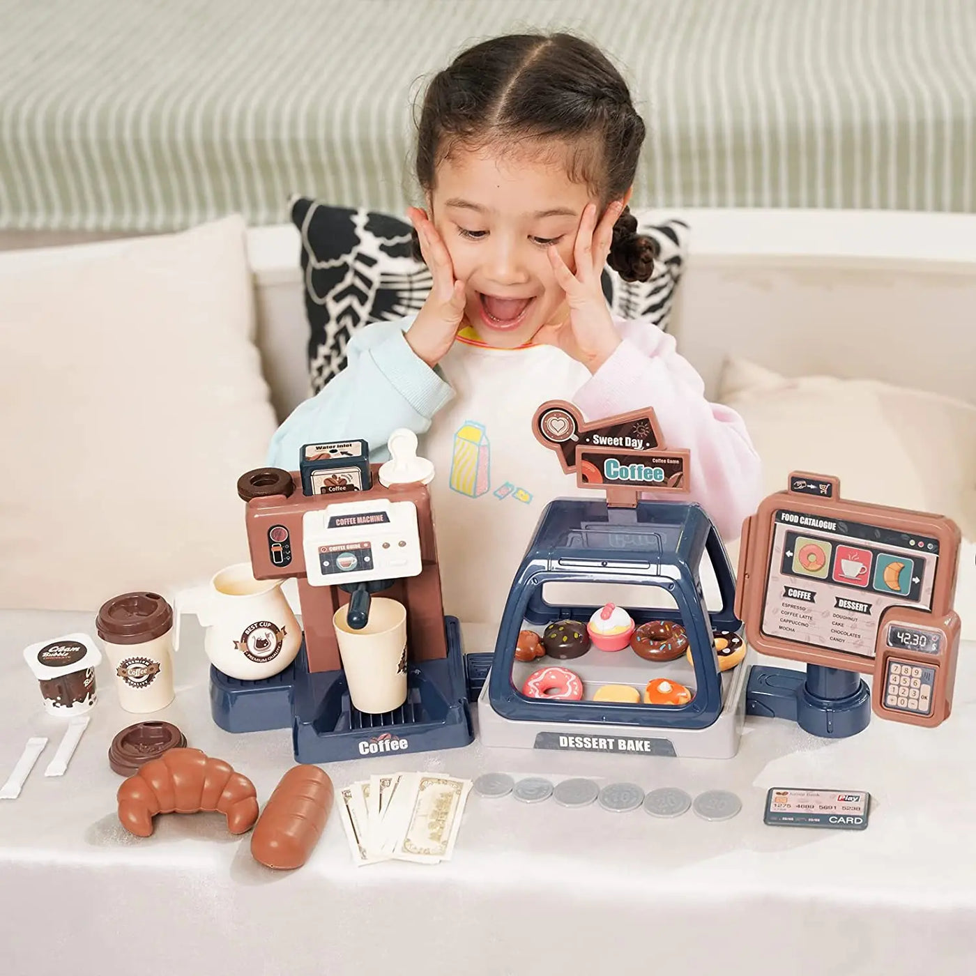 3 in 1 Toy Coffee Maker Machine and Cash Register Kit with Sound Light