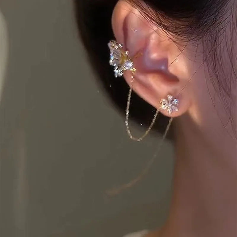 Sparkling Zircon Flower Butterfly Ear Bone Clip for Women Without Piercing Tassel Ear Cuff Clip Earrings Wedding Jewelry