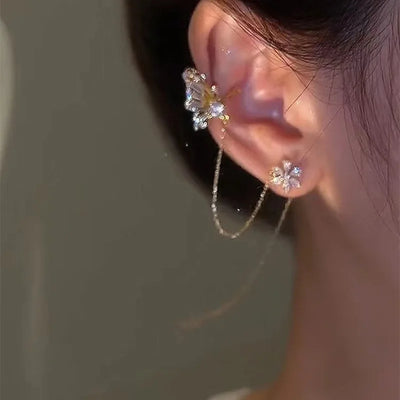 Sparkling Zircon Flower Butterfly Ear Bone Clip for Women Without Piercing Tassel Ear Cuff Clip Earrings Wedding Jewelry