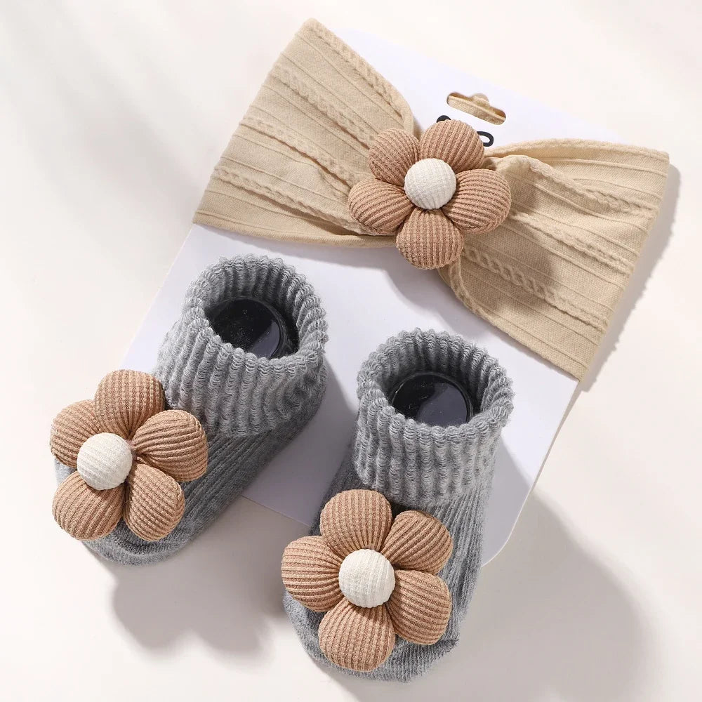 2Pcs Flower Baby Headband Socks Set Soft Nylon Hairband for Newborn Girl Elastic Floral Turban Short Sock Infant Headwear