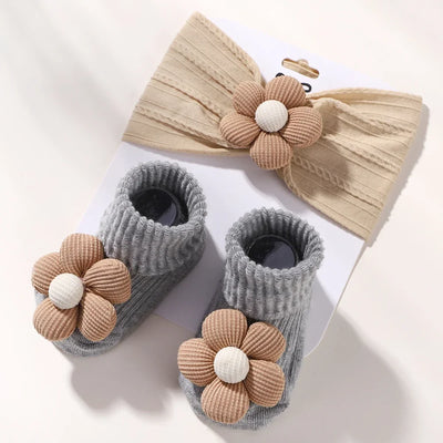 2Pcs Flower Baby Headband Socks Set Soft Nylon Hairband for Newborn Girl Elastic Floral Turban Short Sock Infant Headwear