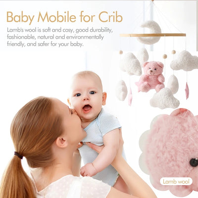 BABY CRIB MOBILE RATTLE TOY – SOFT FELT TEDDY VELVET PINK BEAR HANGING TOY WITH HOLDER FOR INFANTS (0-12 MONTHS)y Holder Bracket Crib Girl Toy
