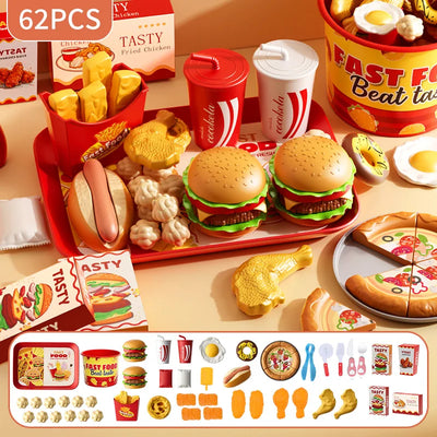 Kid Kitchen Toy Set Simulation Make Hamburger Pizza Fries Pretend Play Food Cooking Cutting Game Montessori Interactive Toy Gift