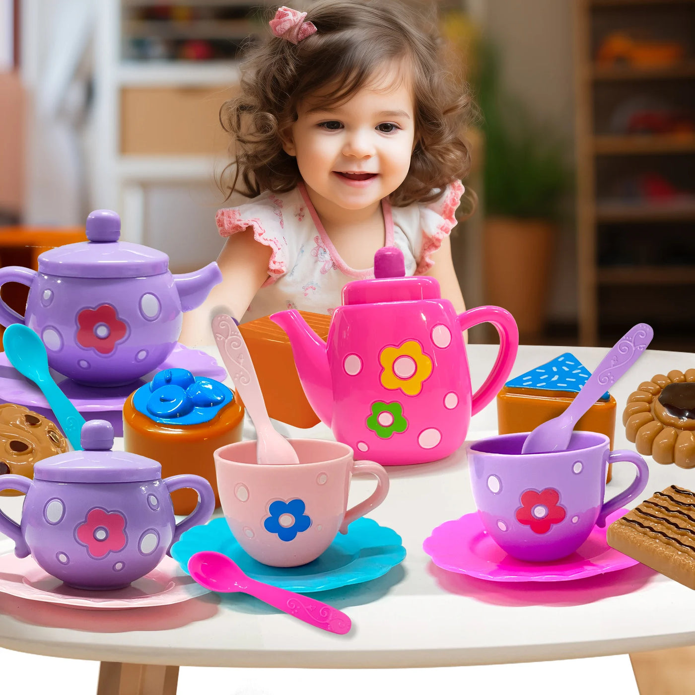 Tea Set For Little Girls, Tea Party Set, Tea Set Including Kettle, Cookies, Kids Play Food, Tea Party Accessories Toy