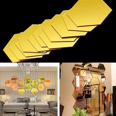 12Pcs Hexagonal Mirror Wall Sticker Background Removable Stereo Decal Home Decor DIY Decorations for Home Bedroom Living Room