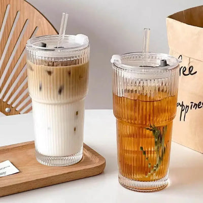 Striped Glass Coffee Cup, 600ml Glass with Straw and Lid, for Water Coffee Tea, Clear Drinkware
