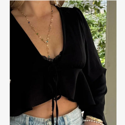 31.2in Fashion Colorful Glass Long Y-Shaped Necklace for Women Metal Collarbone Chain Summer Holiday Party Body Jewelry