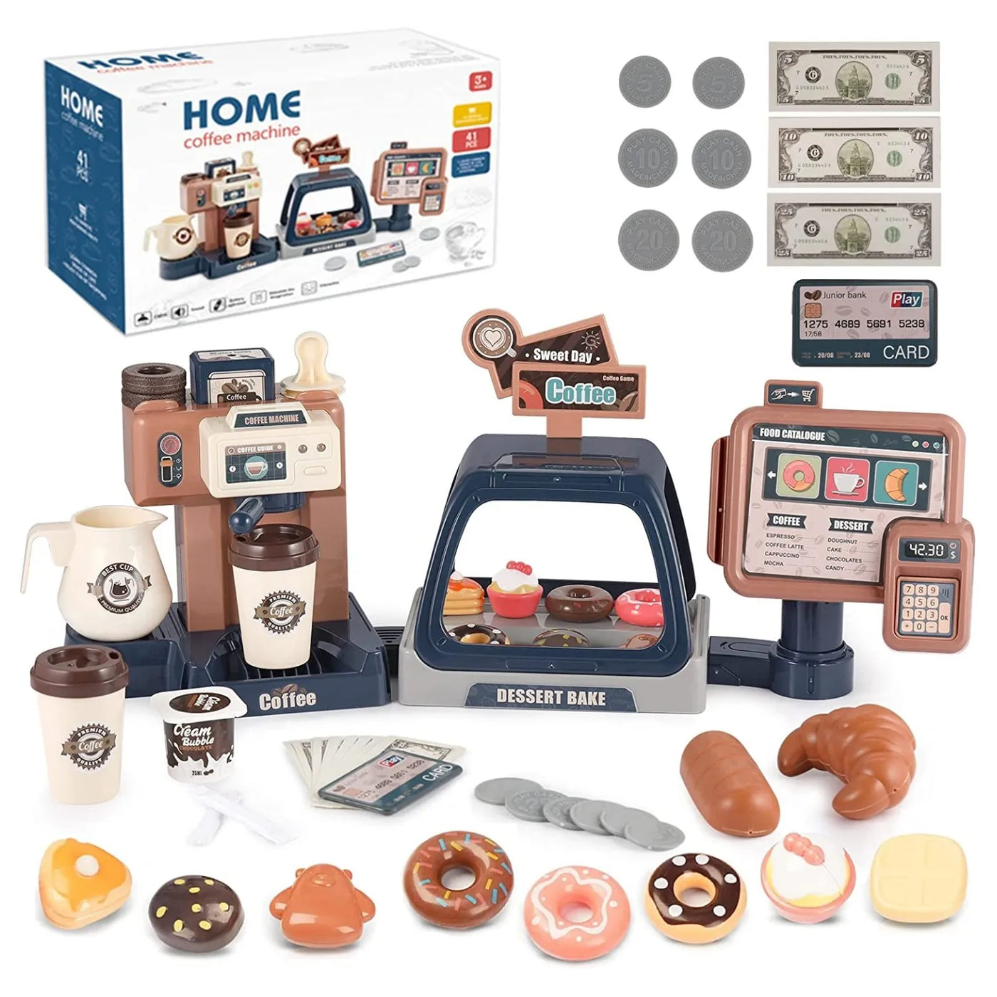 3 in 1 Toy Coffee Maker Machine and Cash Register Kit with Sound Light
