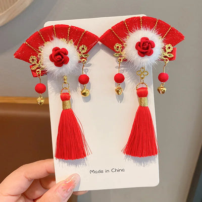 Girl's Hair Accessories Chinese Style Hair Cards Children's New Year Fans Ancient Style Hair Clips Hanfu Headwear New Year Gifts
