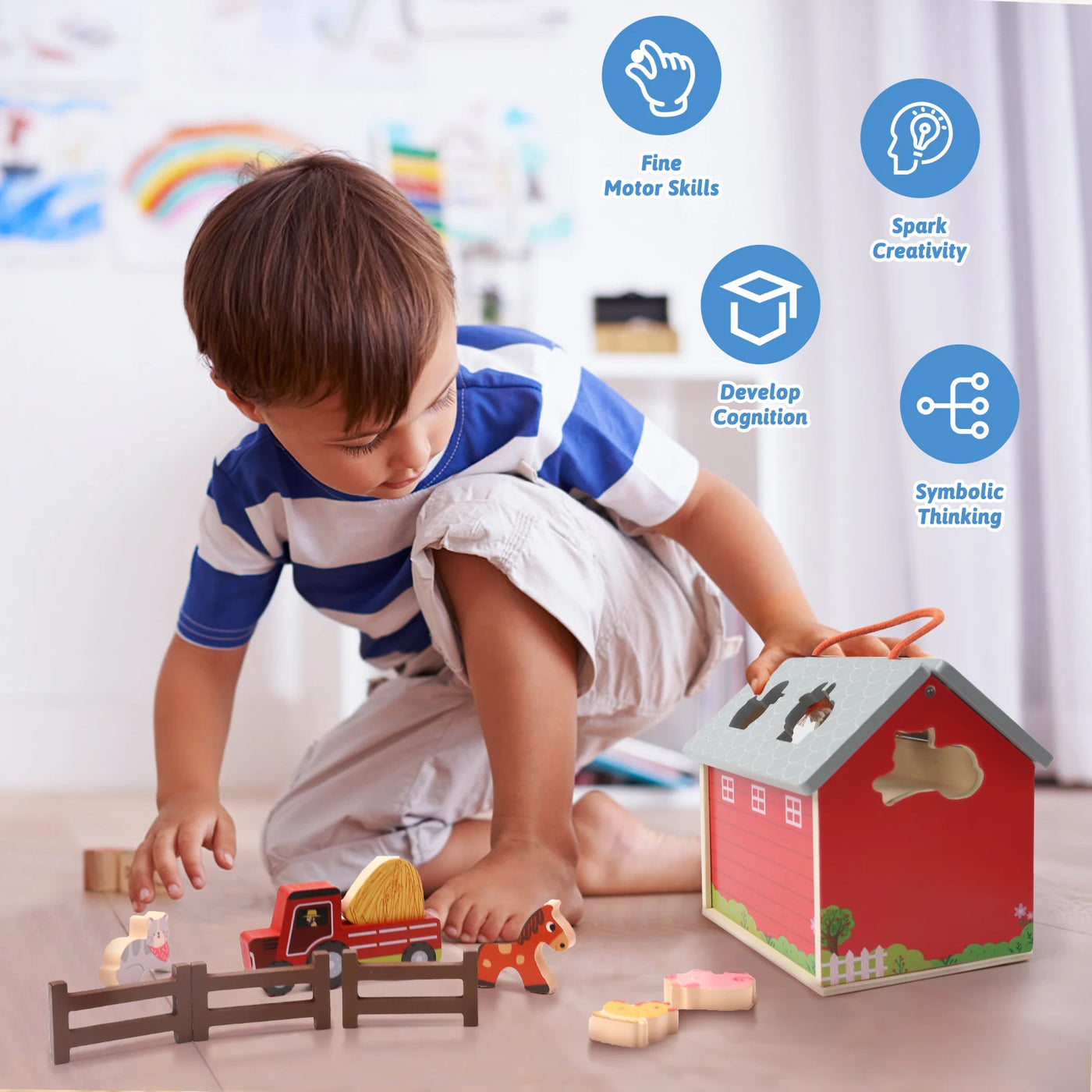 Wooden Farm Toys for 2 3 Year Old, Farm Animals for Toddlers 1 - 3 with Big Barn and Tractor, Sorting Stacking Learning Toys for