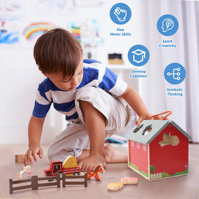 Wooden Farm Toys for 2 3 Year Old, Farm Animals for Toddlers 1 - 3 with Big Barn and Tractor, Sorting Stacking Learning Toys for