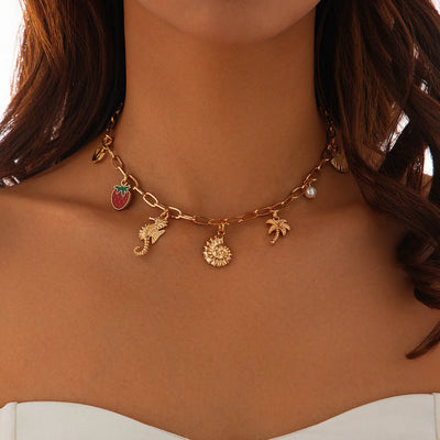 Charm Necklace for Women Shell Cross Necklaces Gold Charms Pendant Boho Summer Seashell Ocean Beach 14K Starfish Surfer