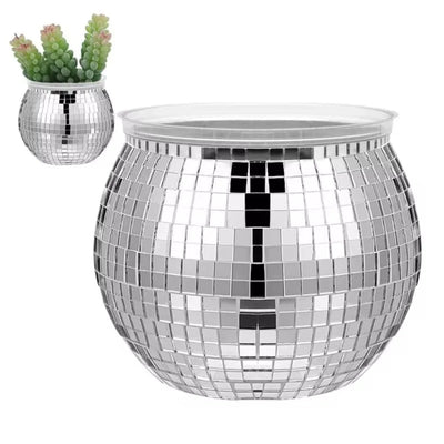 Creative Disco Ball Flower Pot Silver Mirror Glass Round Disco Ball Plant Holder Home Decoration Flower Vase Home