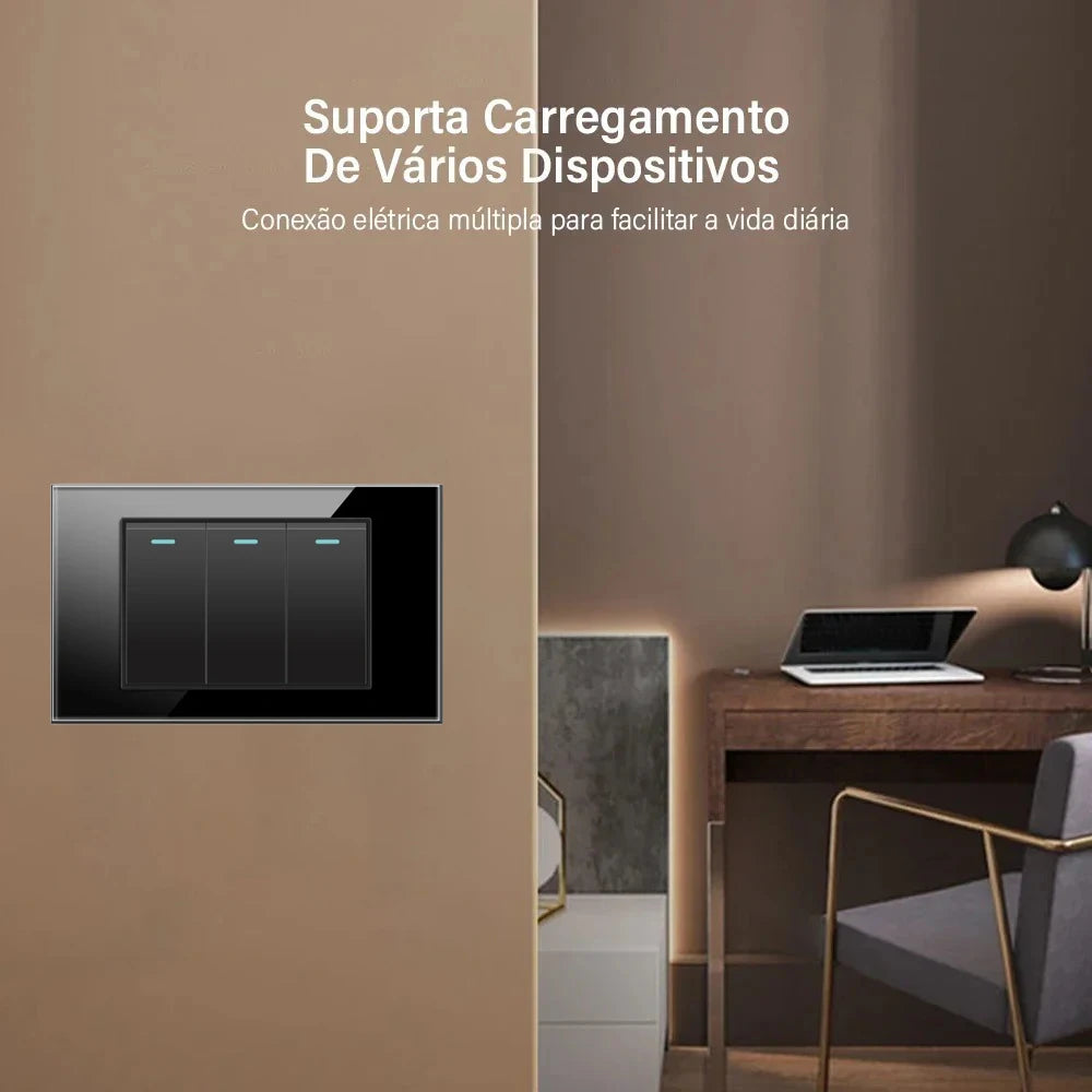 Shawader Electric Power Wall Switch Brazil US Mexico Glass Panel 118 Jack Three Position Outlet Home Office Kitchen 1/2/3/4Gang