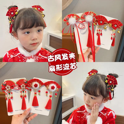 Girl's Hair Accessories Chinese Style Hair Cards Children's New Year Fans Ancient Style Hair Clips Hanfu Headwear New Year Gifts