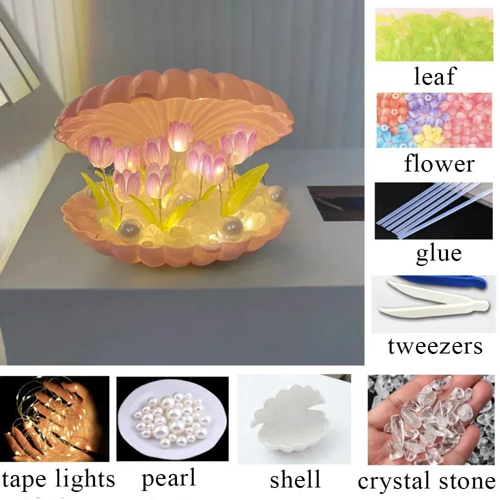 Handmade DIY Ceramic Shell Tulip Small Night Lamp Creative Valentine Christmas Birthday Kids Gift Bedside Table Ambience Light