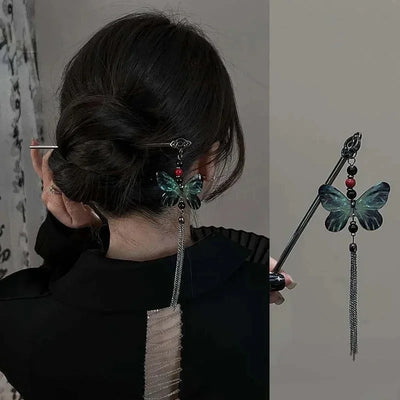 New Chinese Style Butterfly Flower Tassel Hair Stick for Women Vintage Metal Hanfu Chopstick Hair Sticks Hair Accessories