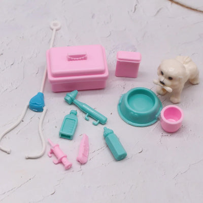 11PCS MINIATURE DOLLHOUSE PET CARE SET – DOG HOUSE, MEDICAL TOOLS & ACCESSORIES – DIY TOY GIFT FOR BARBIE & KIDS