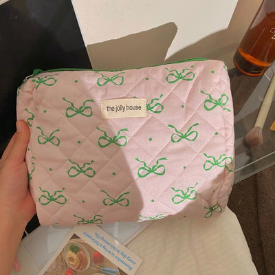Green Pink Contrasting Bow Makeup Bag Large Capacity Portable Travel Toiletry Bag Storage Bag
