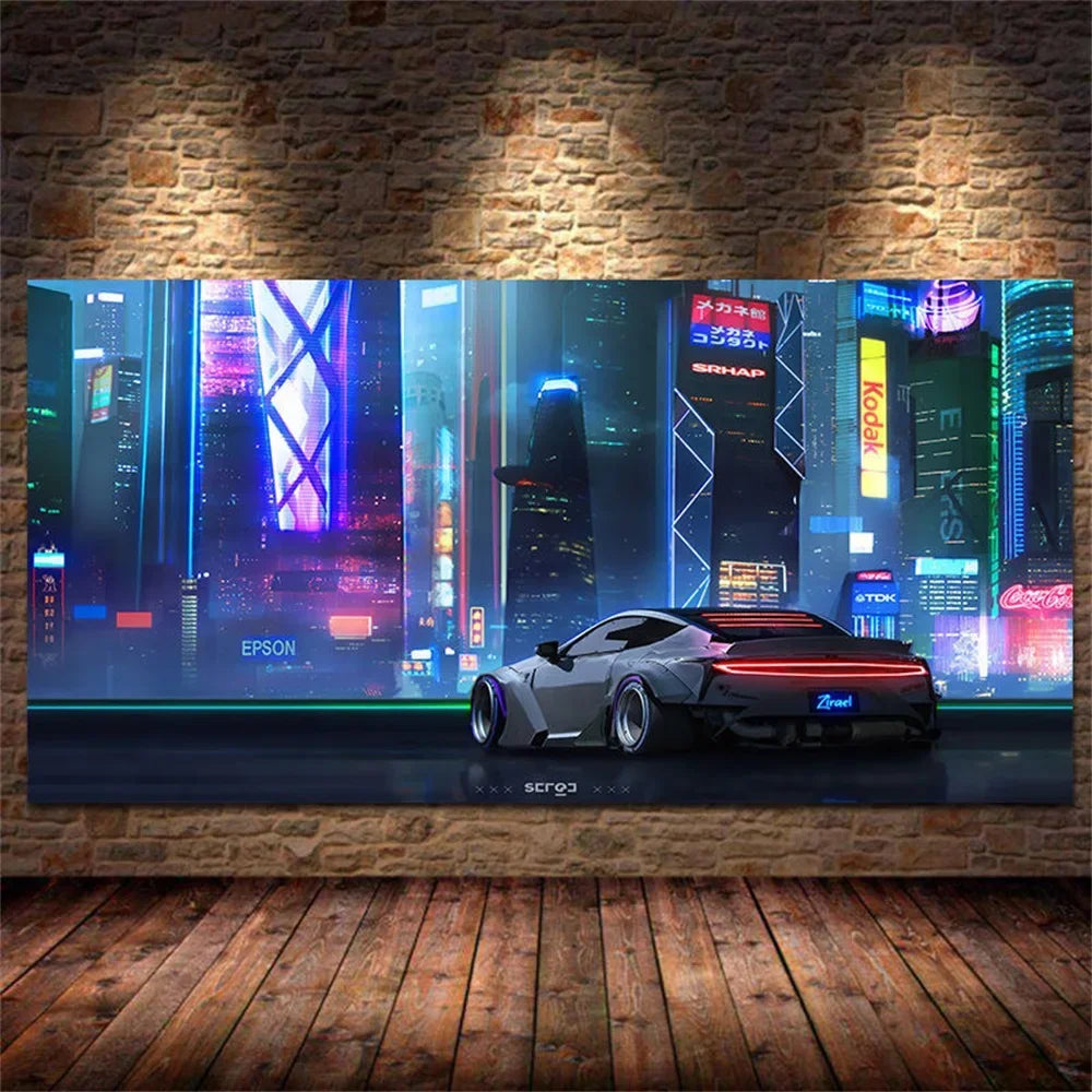 Steam City & Sports Car Canvas Wall Art - Futuristic Game-Inspired Posters for Bedroom and Gamer Room Decor