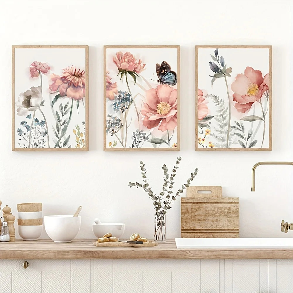 3PCS Nordic Pink Flower Wall Art Canvas Painting Prints Botanical Poster for Bedroom Farmhouse Living Room Decorative Picture