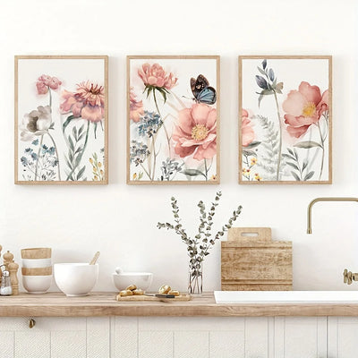 3PCS Nordic Pink Flower Wall Art Canvas Painting Prints Botanical Poster for Bedroom Farmhouse Living Room Decorative Picture