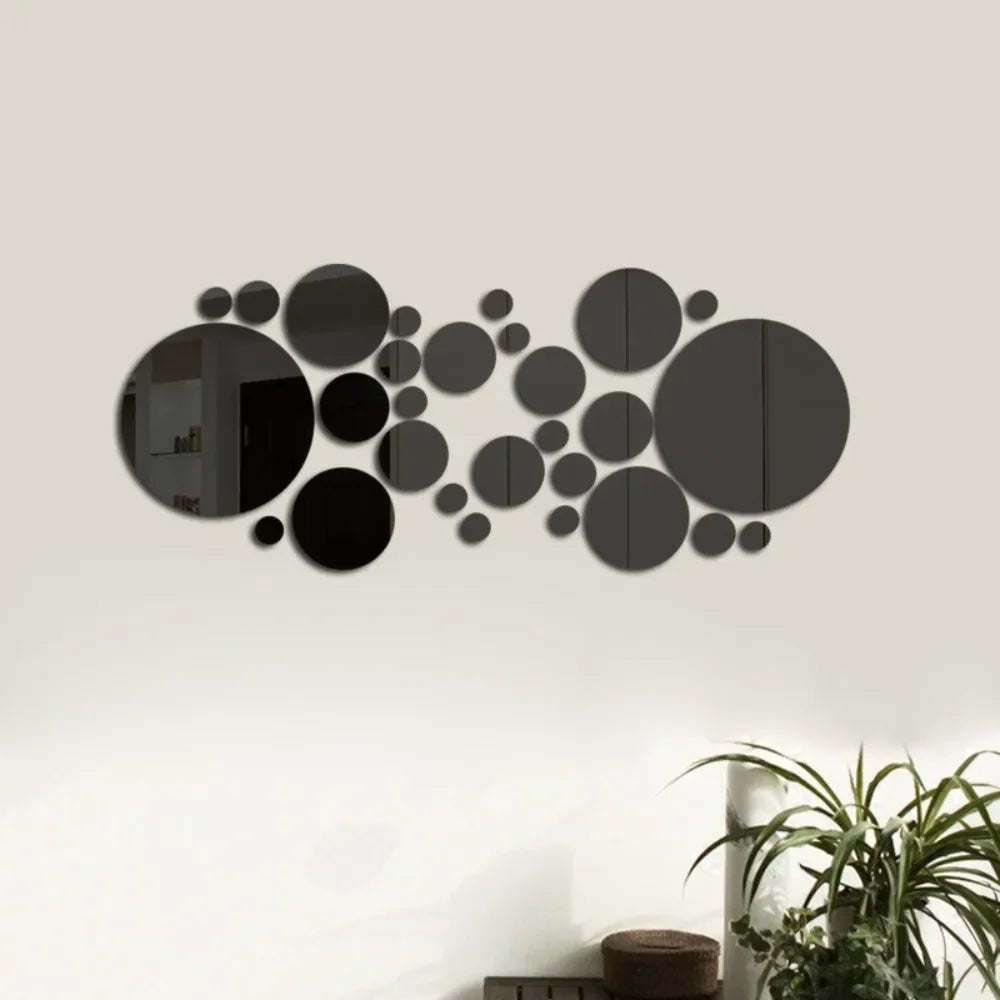 32Pcs Modern 3D Mirror Wall Sticker Circle Silver Mirror Decals Self-Adhesive Art Ornaments Home Background Decoration
