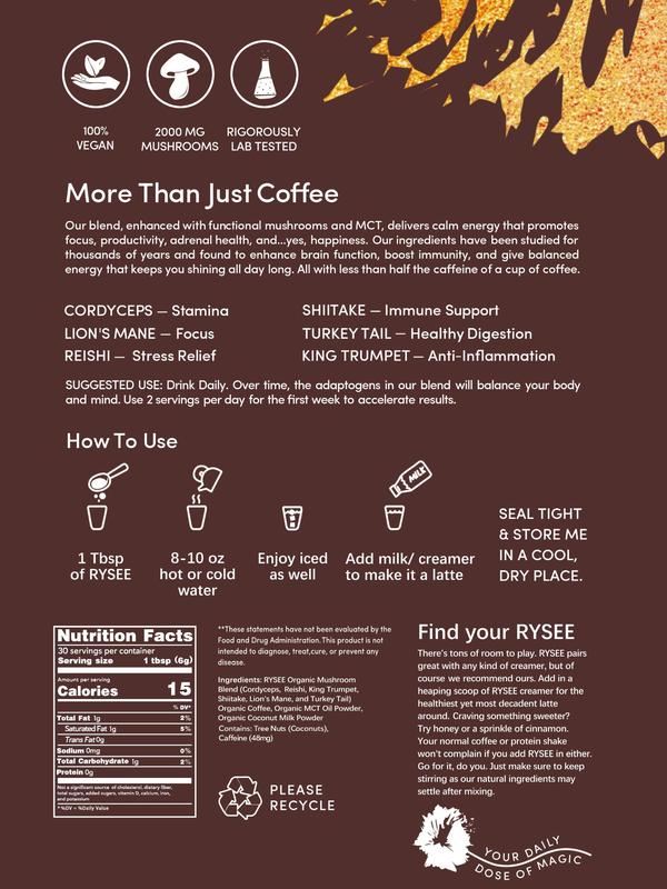 RYSEE Mushroom Coffee | 6 Adaptogenic Mushrooms | USDA Organic | Better Energy, Focus, Digestion, Immunity Beverage