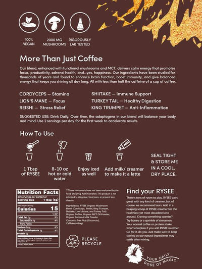 RYSEE Mushroom Coffee | 6 Adaptogenic Mushrooms | USDA Organic | Better Energy, Focus, Digestion, Immunity Beverage
