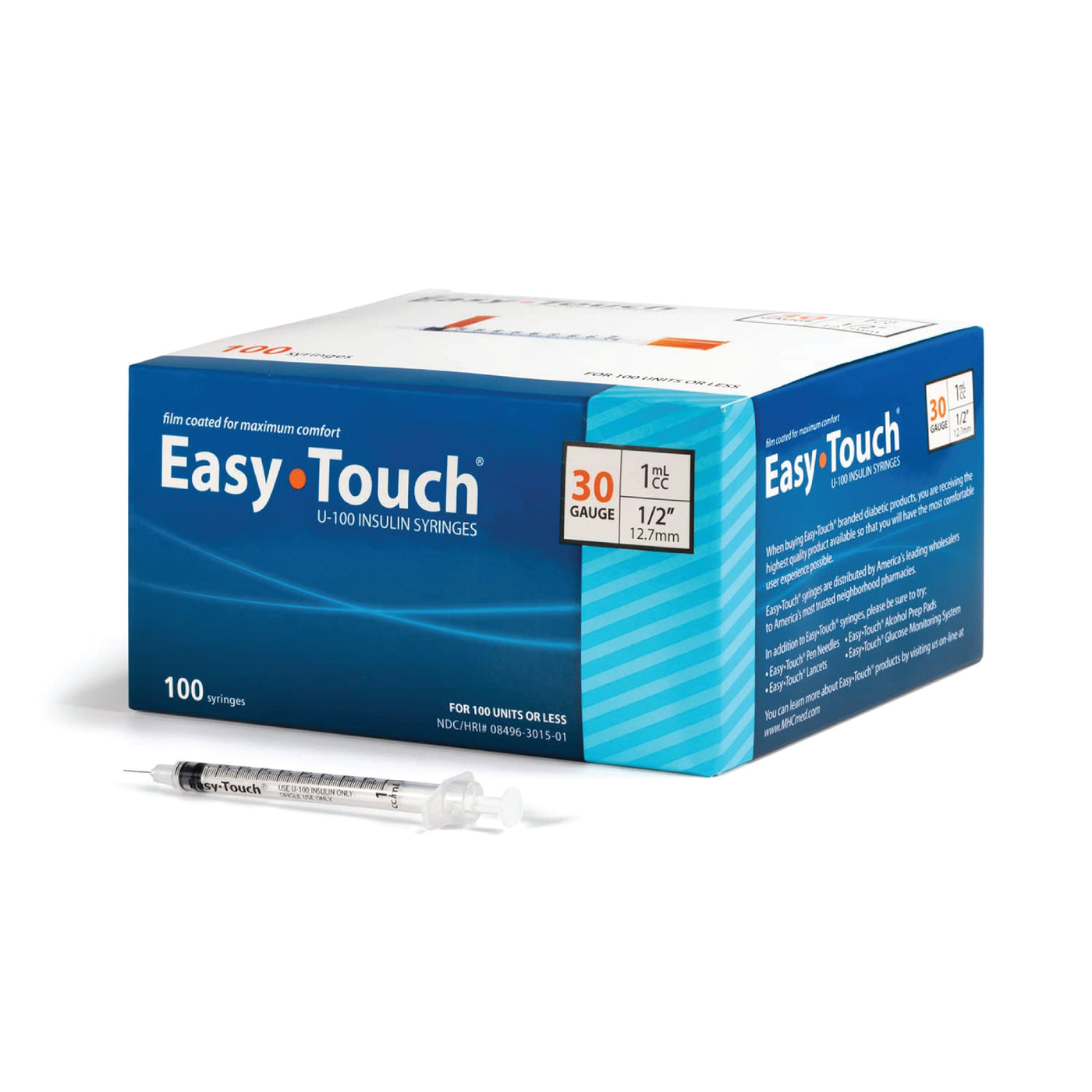 EasyTouch U-100 Insulin Syringe with Needle, 30G 1cc 1/2-Inch (12.7mm), Box of 100